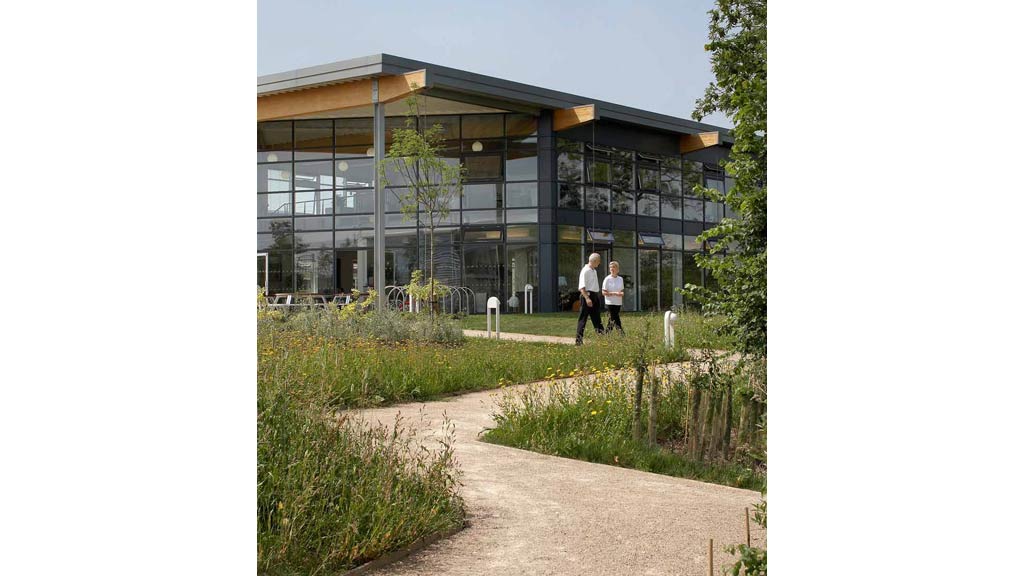A building with glass windows.