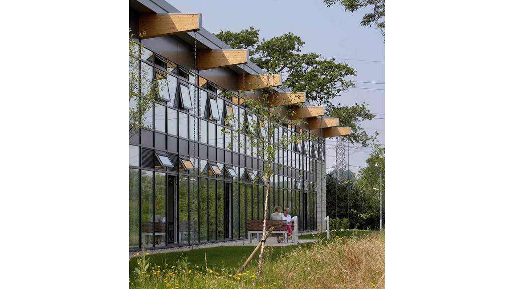 A building with a glass front.