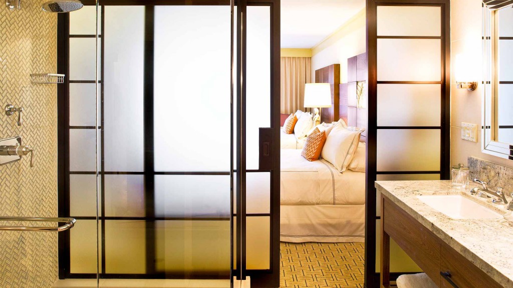 A bathroom with a glass shower.
