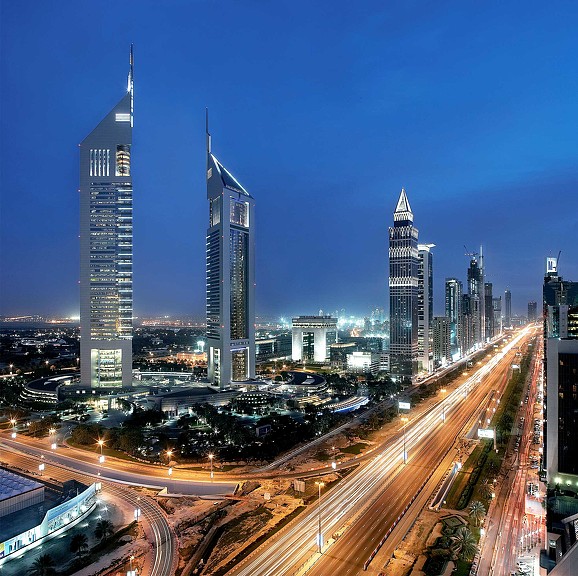 The Gate Building Dubai aerial night view