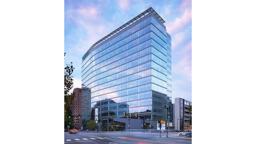 A large glass building.