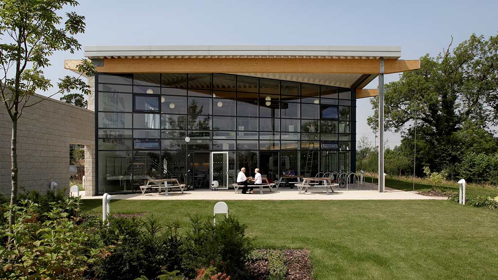 A building with a glass front.