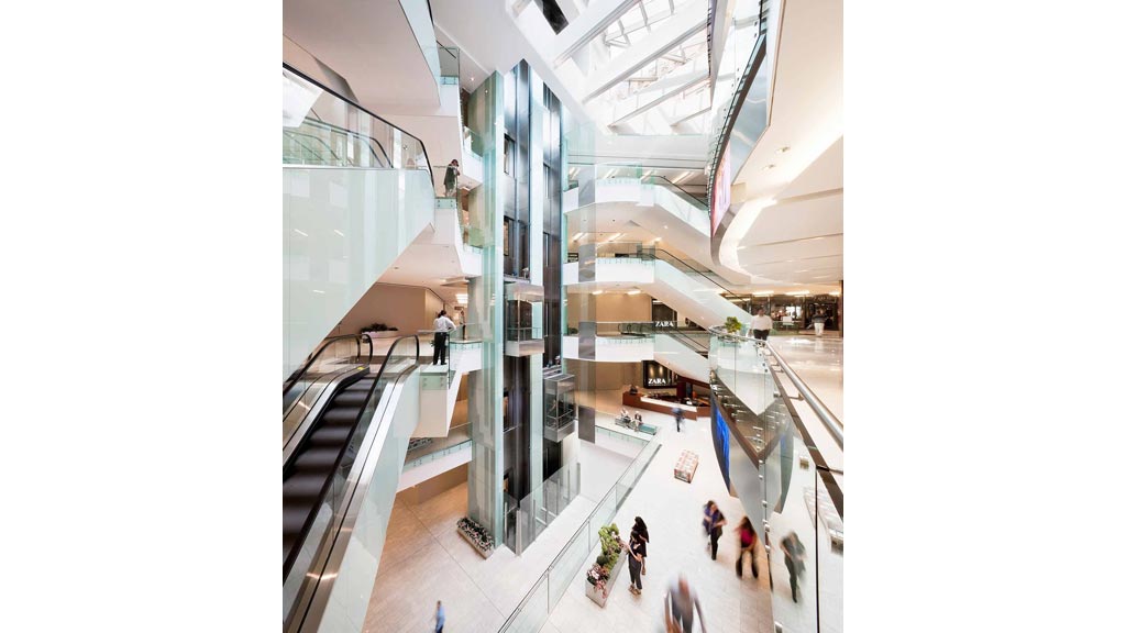 A high angle view of a shopping mall.