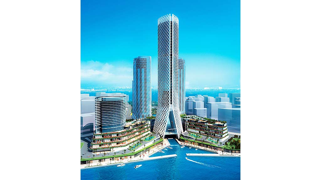 A city with tall buildings.