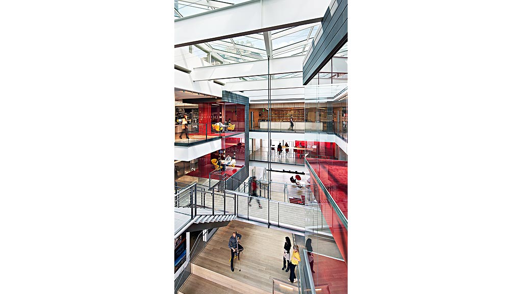 A high angle view of people inside a building.