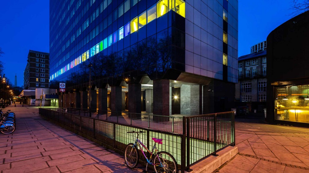 A building with a glass front.