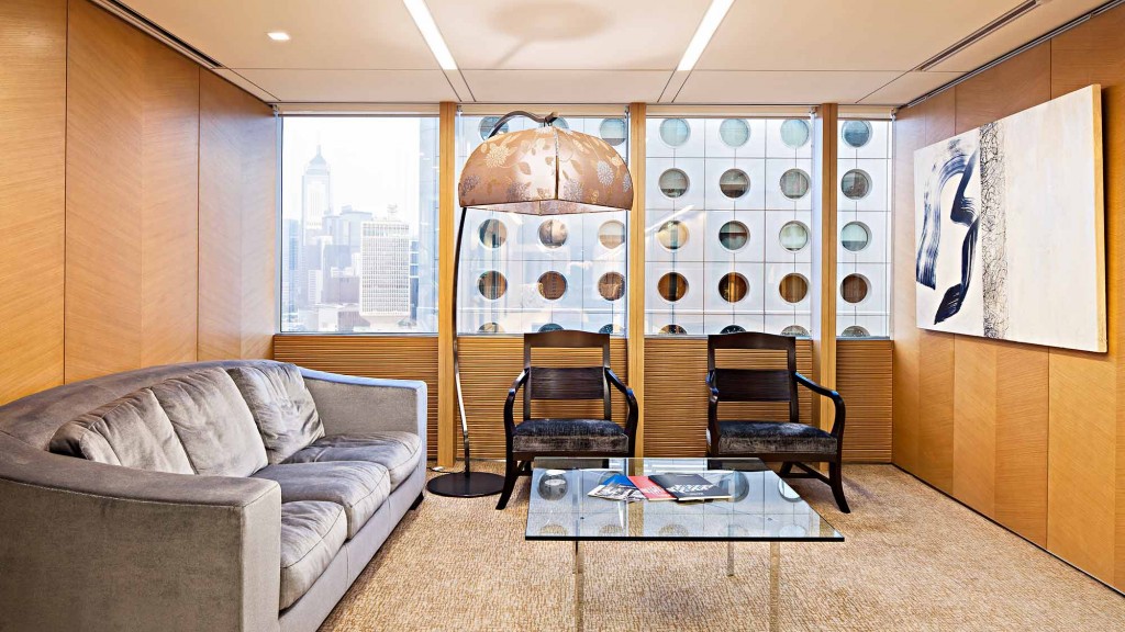 A living room with a large window.