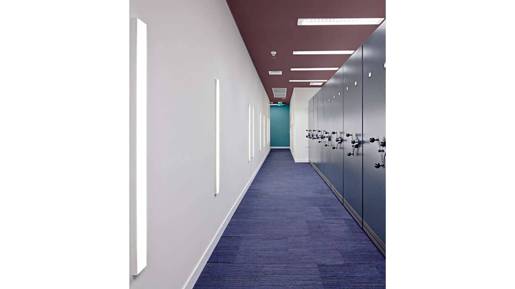 A long hallway with blue doors.