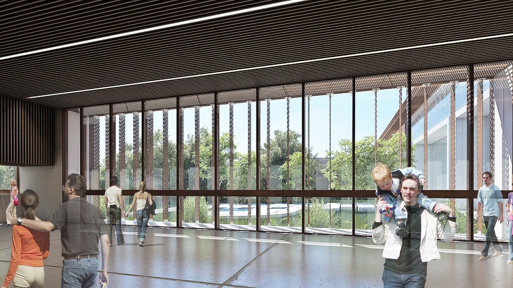 A group of people in a building.