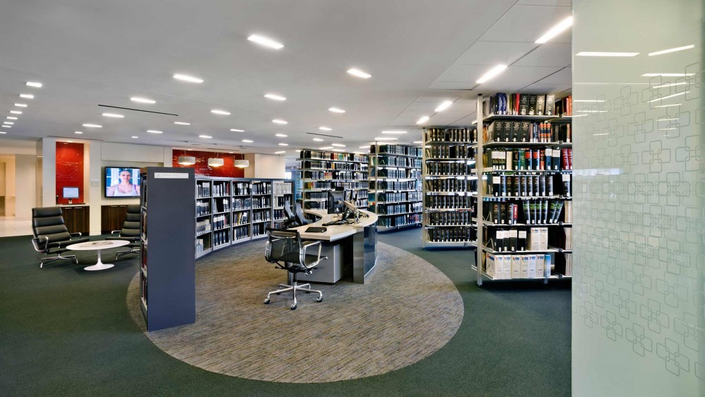 A library with a large display of books.
