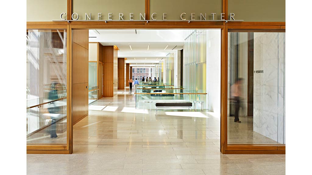 A large room with glass doors.