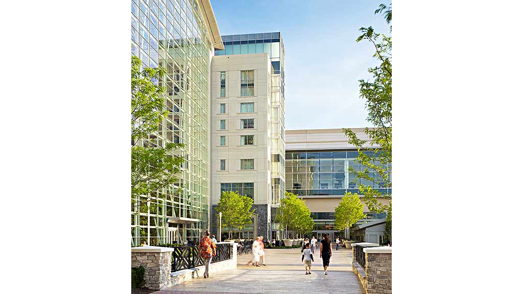 People walking on a path between buildings.