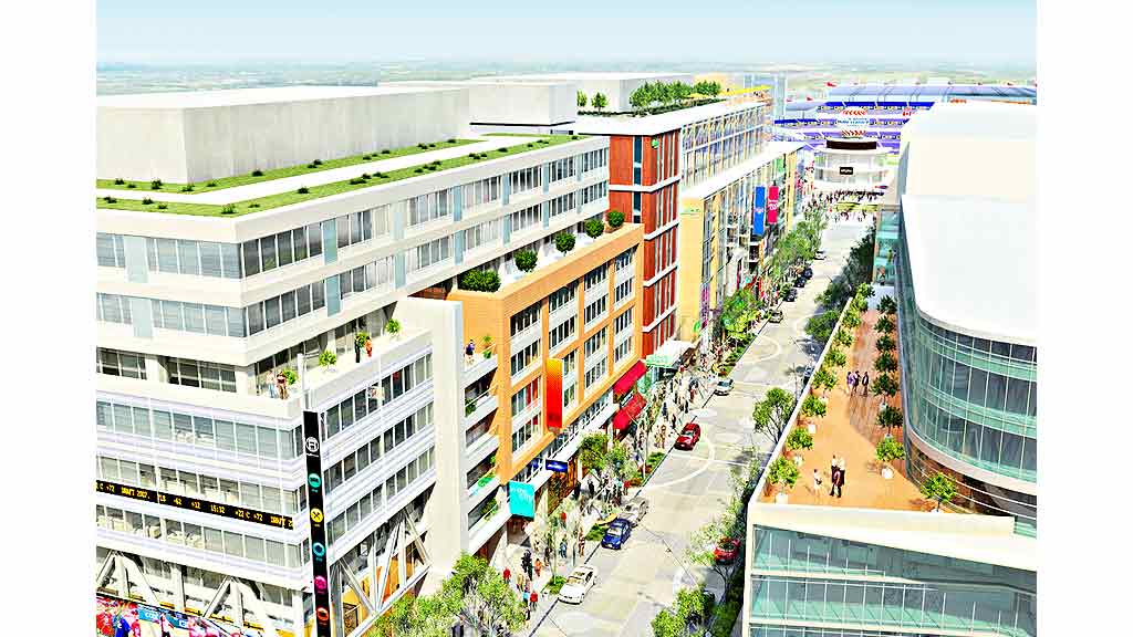 A street with cars and buildings.