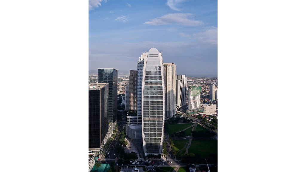 A city skyline with tall buildings.