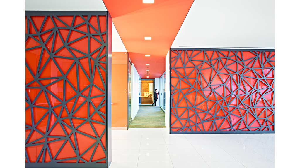 A hallway with a blue door.