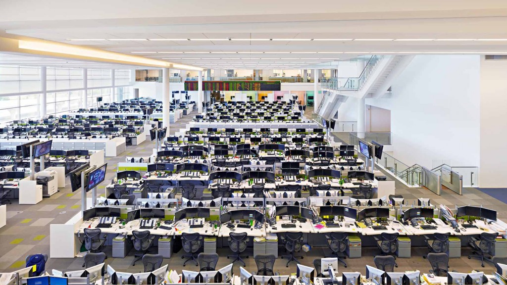 An empty room with many computers.