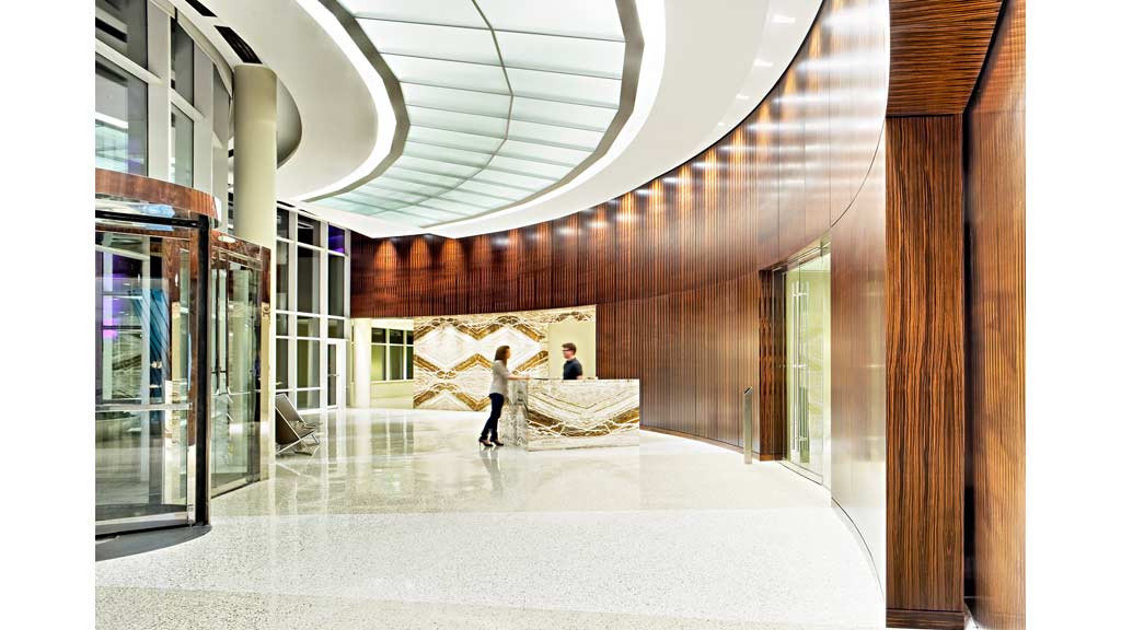 A person walking in a large room.