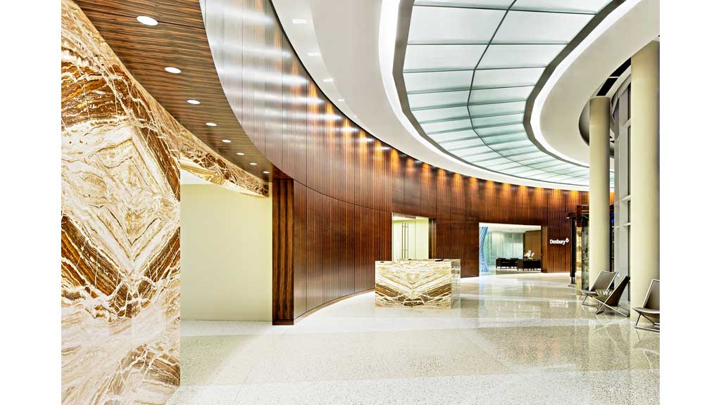 A room with a large glass ceiling.