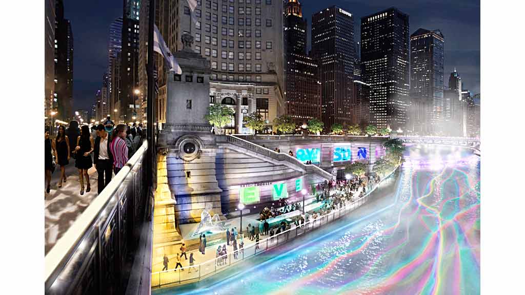 A group of people walking on a bridge over a river in a city.