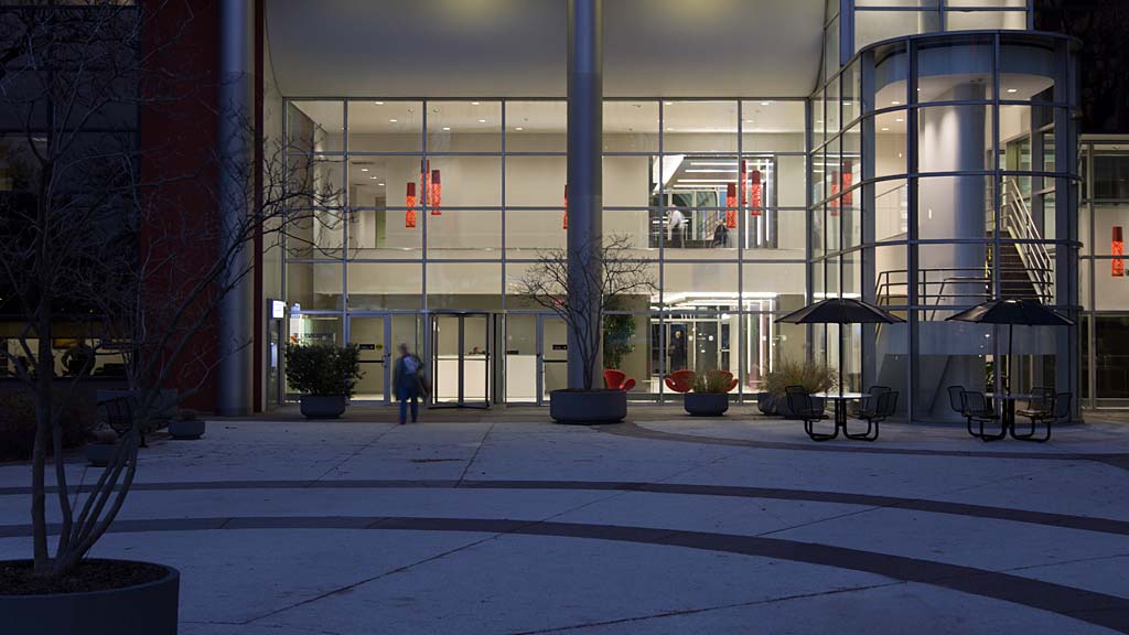 A building with a glass front.