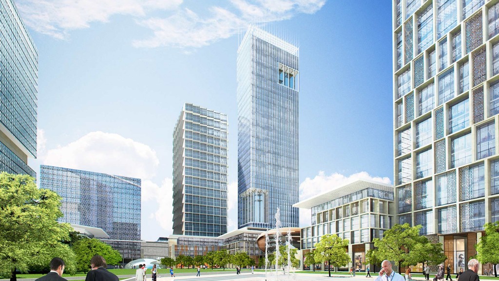 A group of people walking around a city.