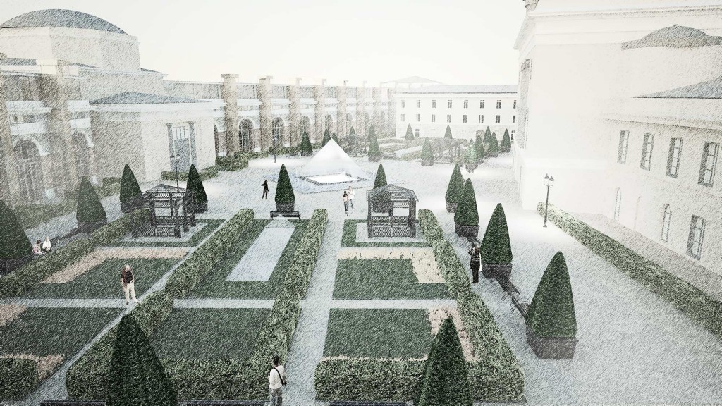 A courtyard with people and buildings.