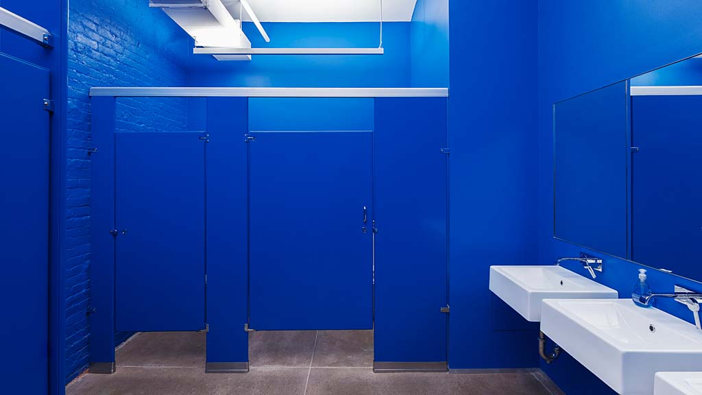 A bathroom with blue walls.