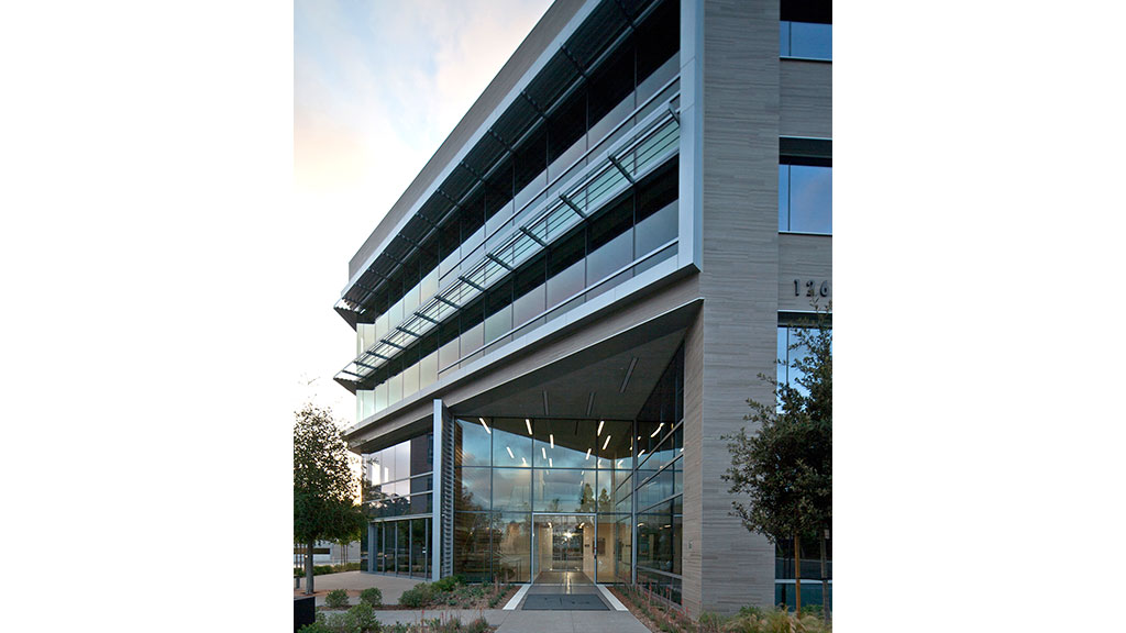 A building with glass windows.