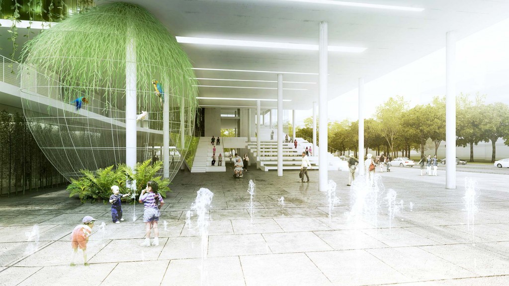 A group of people walking around a large building.