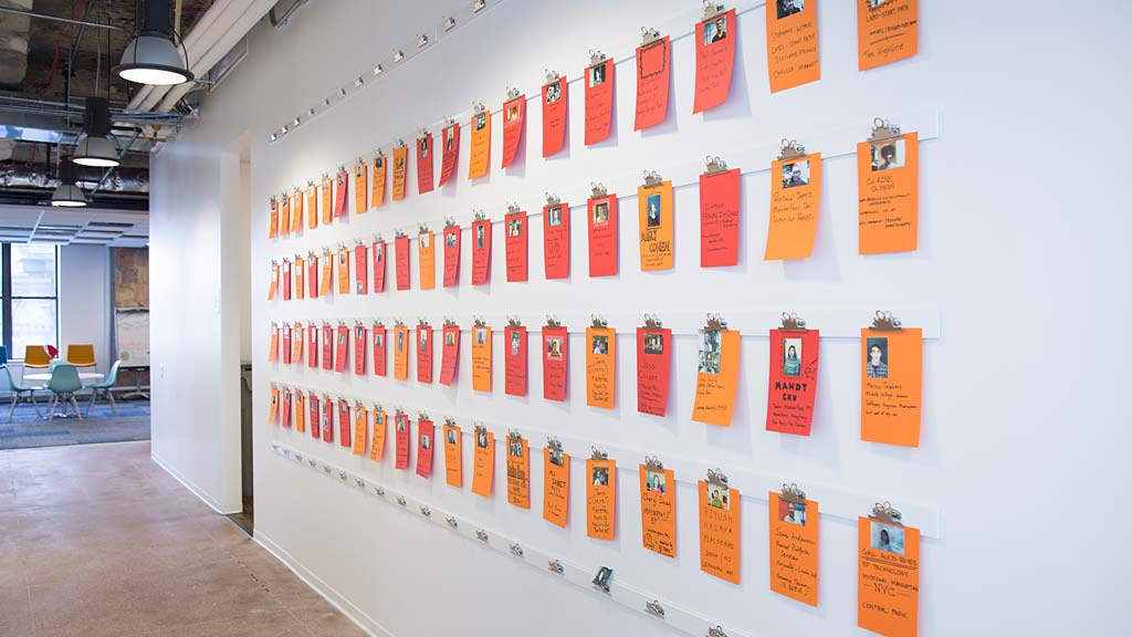 A wall with orange and white signs.