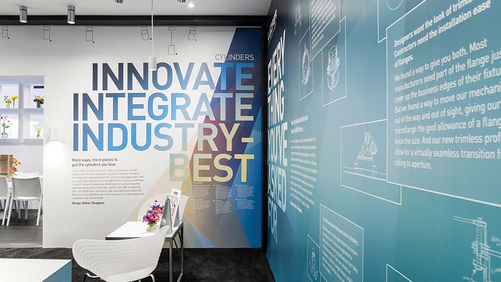 A room with a wall of blue and white text.