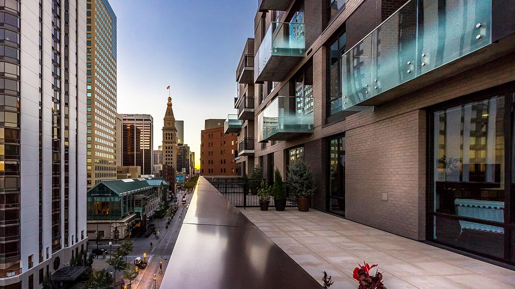A street between buildings.