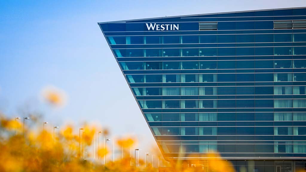 A tall glass building.
