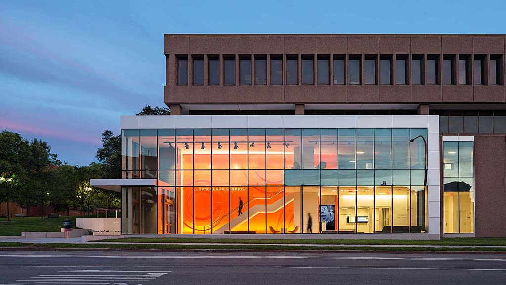 A building with a glass front.