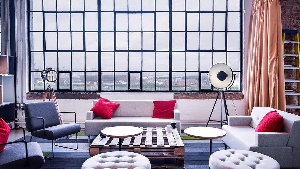 A room with a large window.