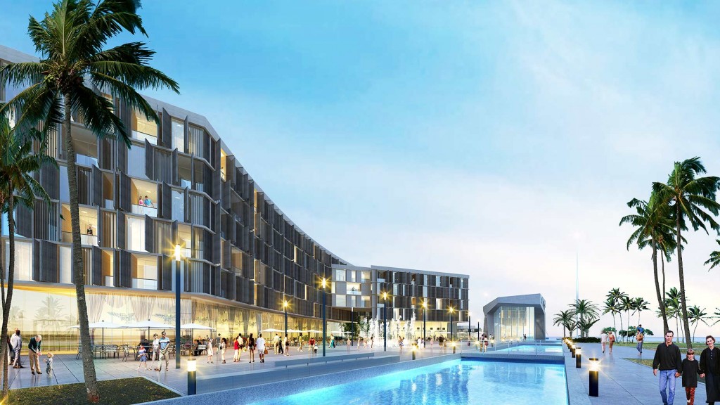 A building with a pool and palm trees.