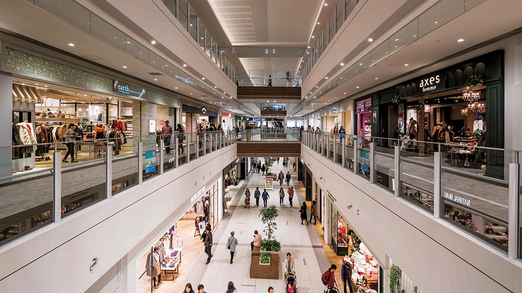 A high angle view of a shopping mall.