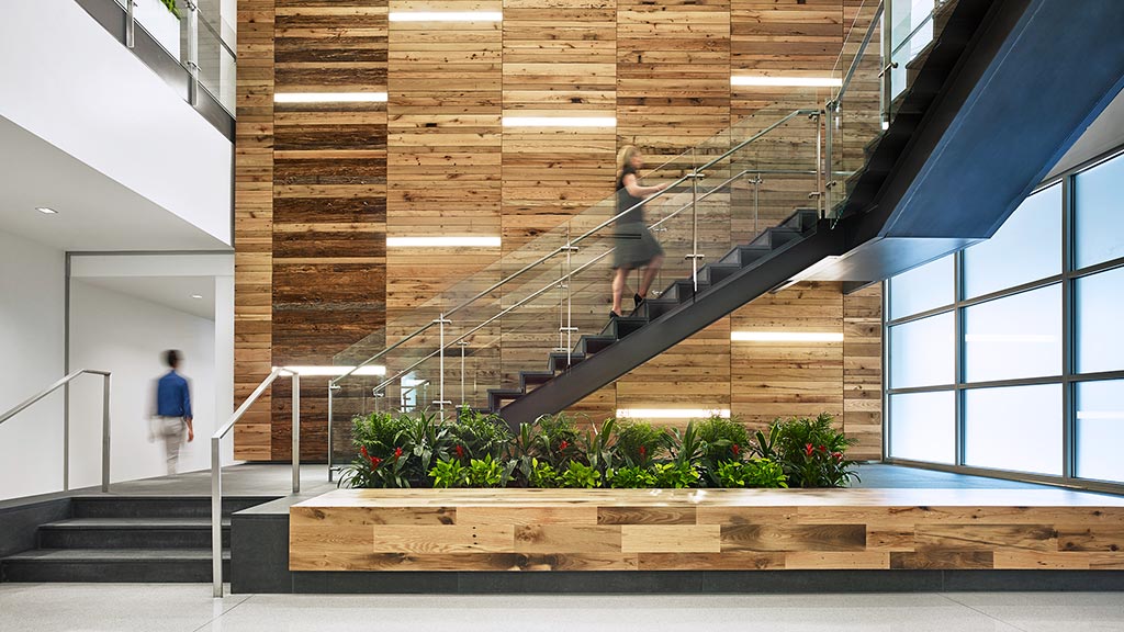 A person walking up a staircase.