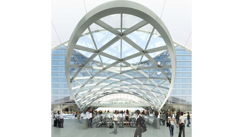 A large glass dome with people walking around.