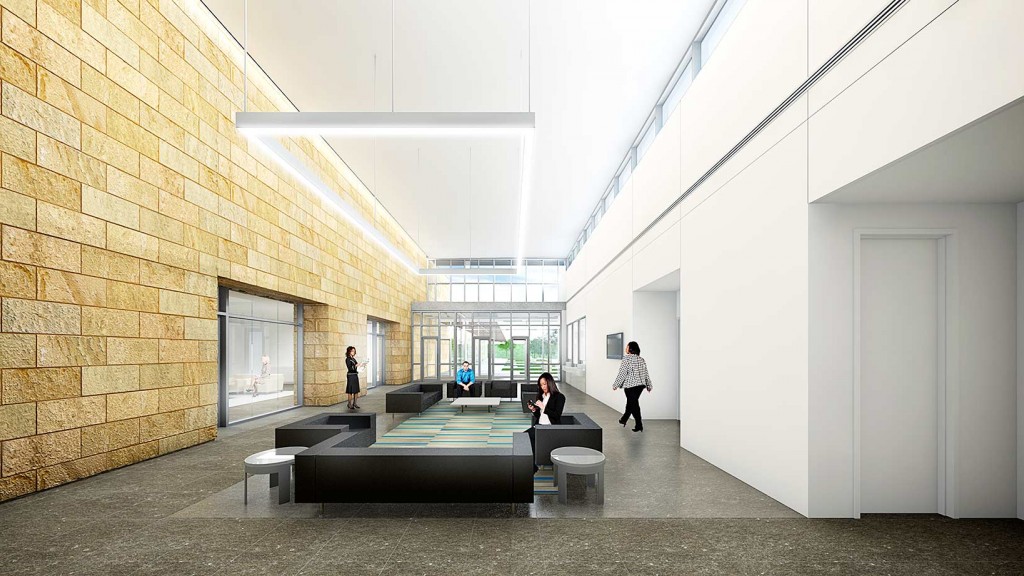 A building with a few people.