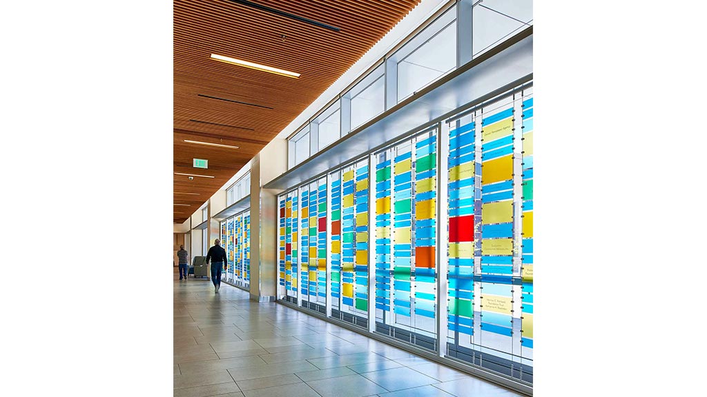 A row of blue and yellow lockers.