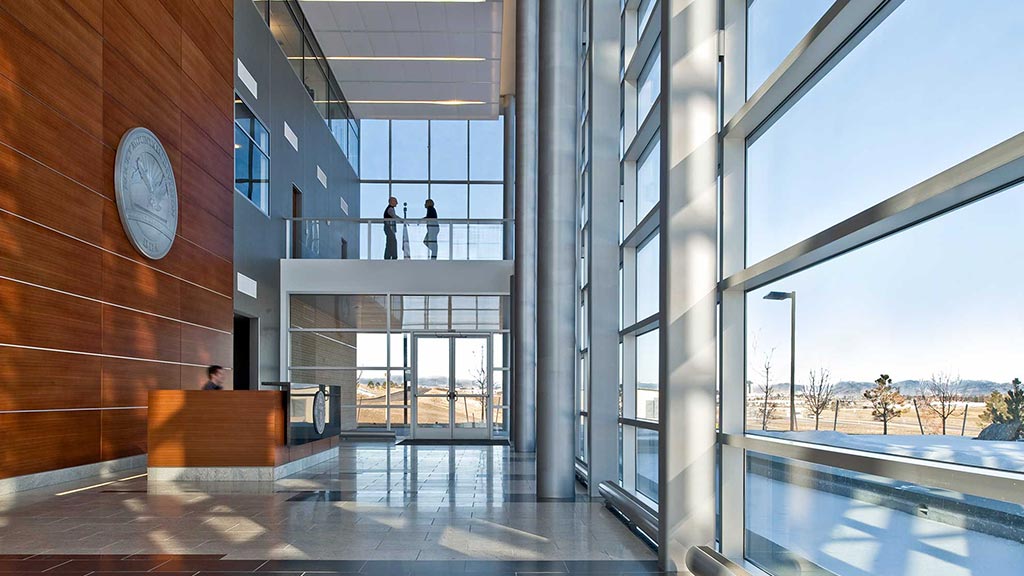 A building with glass windows.