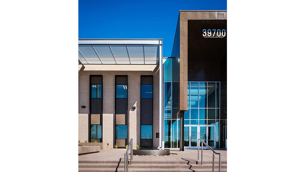 A building with glass windows.