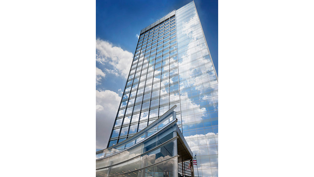 A tall glass building.