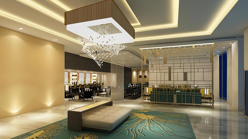A large room with a large chandelier and a pool.