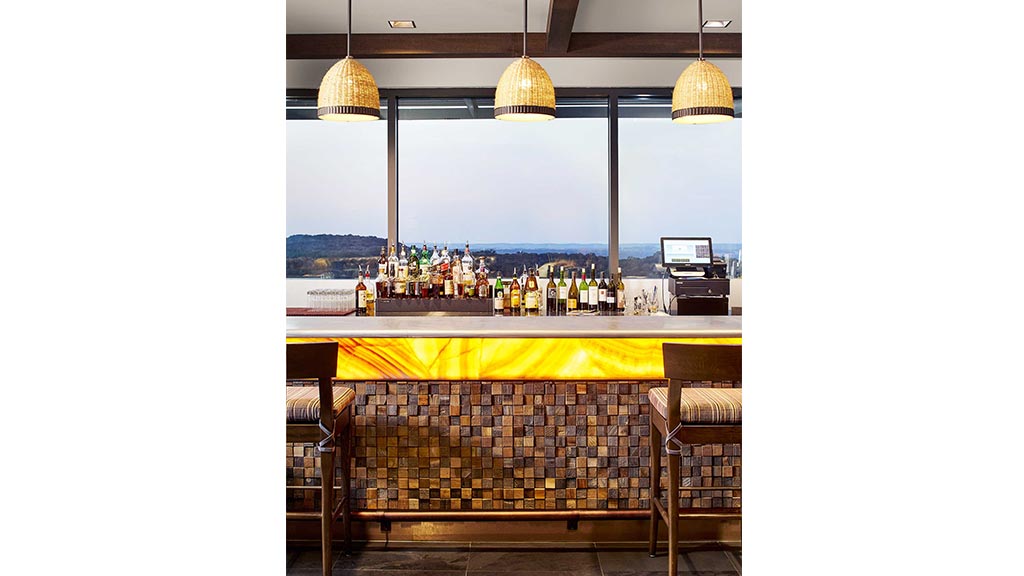 A bar with a large window.