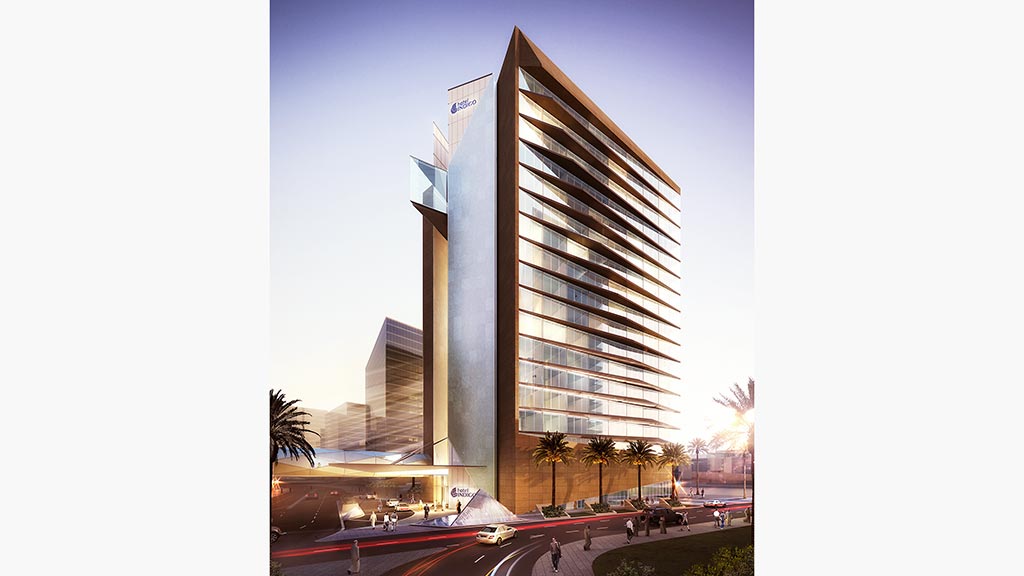 A tall building with many windows.