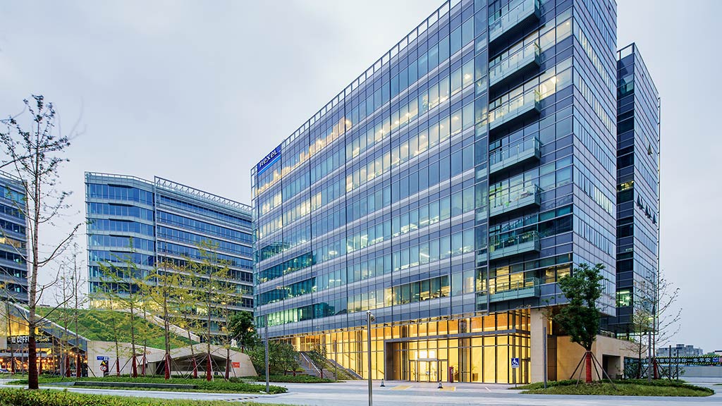 A large glass building.