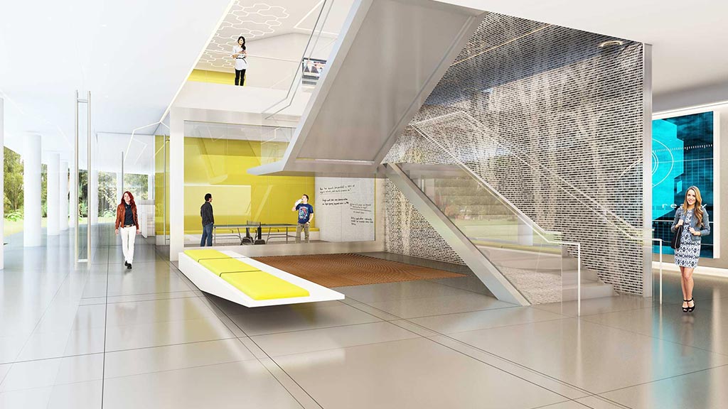 A group of people walking around a building.