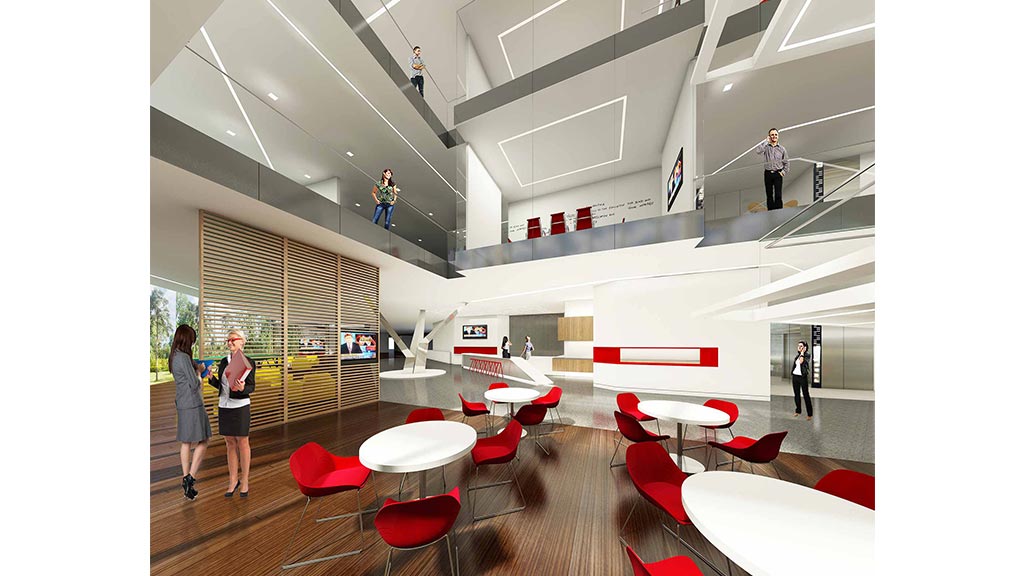 A room with tables and chairs.